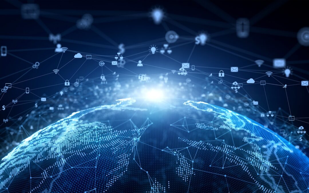 Glowing earth and edge computing icons floating above the earth