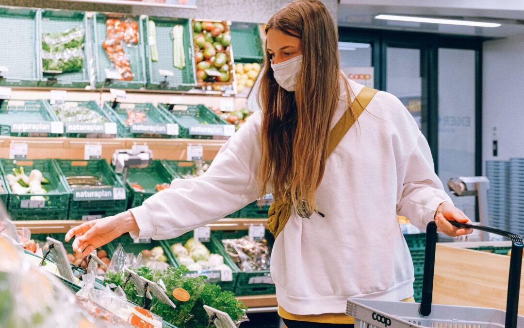 Girl Shopping in a Grocery Store with a Facemask getting Groceries