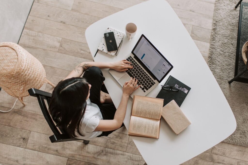 Arial view of Girl on laptop in remote office