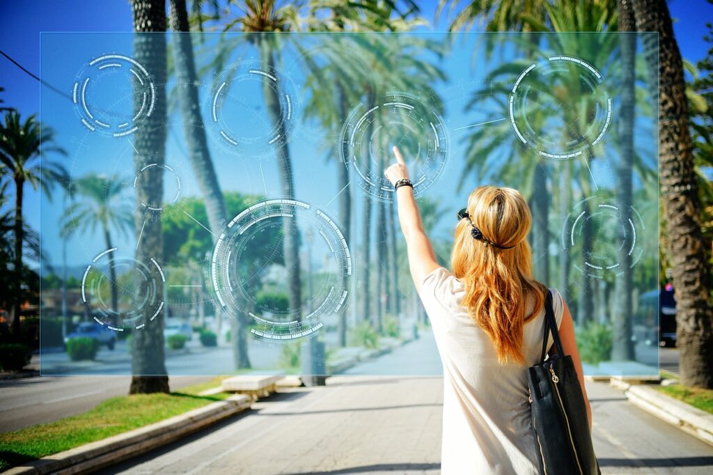 Lady with VR headset on touching a screen in the Metaverse with palm trees in the background