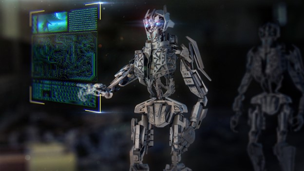 OpenAI Superintelligence robot on a holographic screen digitally composed
