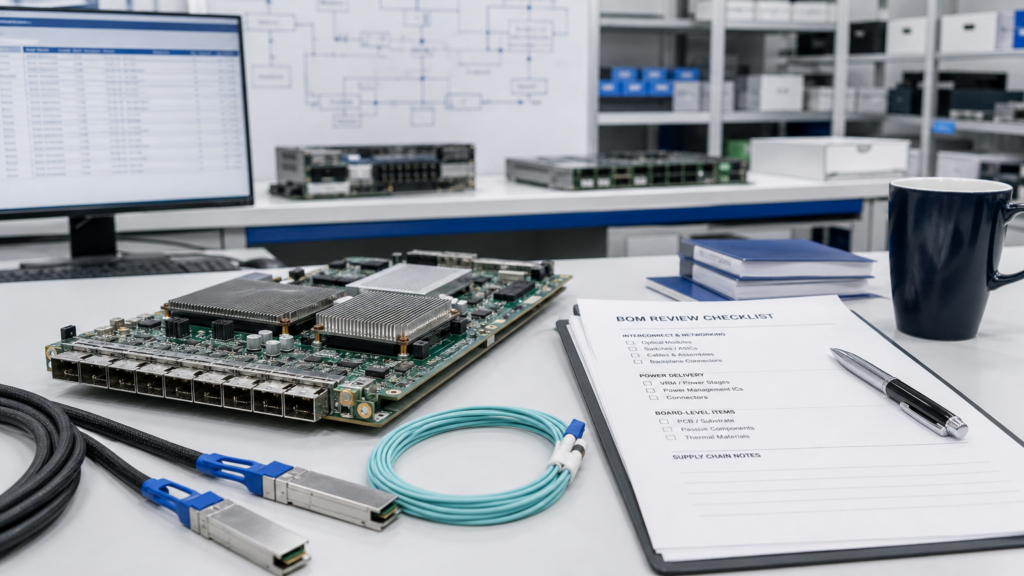Board-level BOM review with high-speed connectors, switch ICs, cables, and power components for AI data-center networking