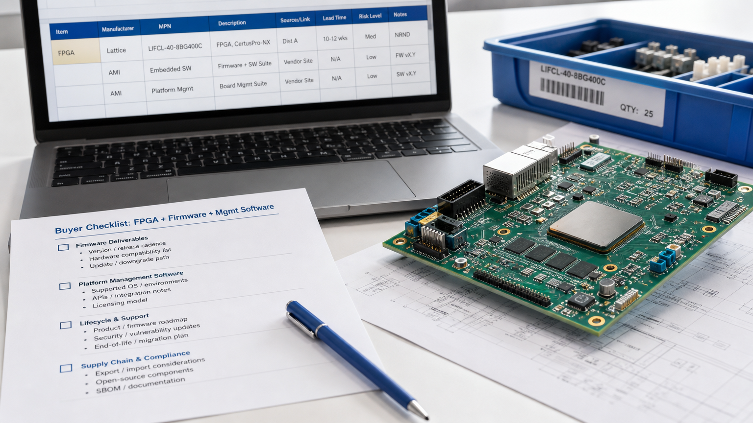 Close-up of electronic component inspection and BOM review for programmable logic sourcing