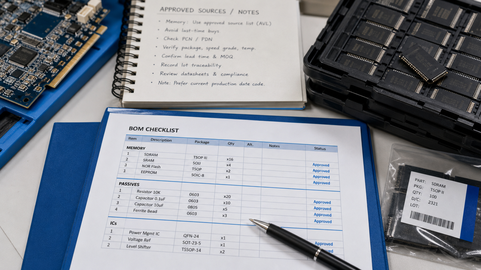 BOM checklist and legacy memory IC trays prepared for sourcing review