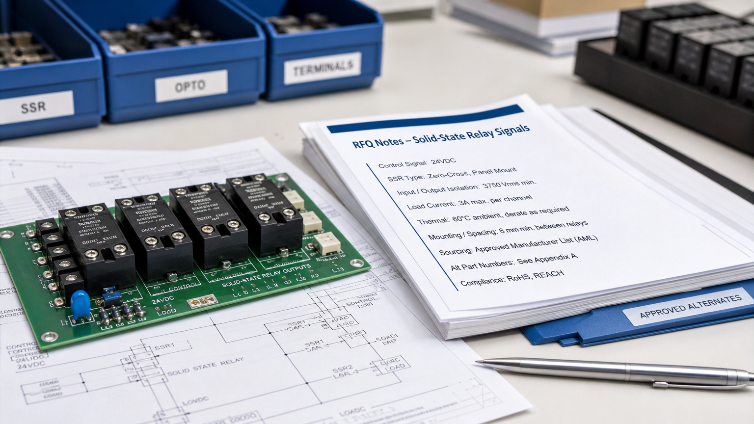 Relay quote checklist with load, isolation, package, thermal, approval, and traceability fields beside SSR samples.