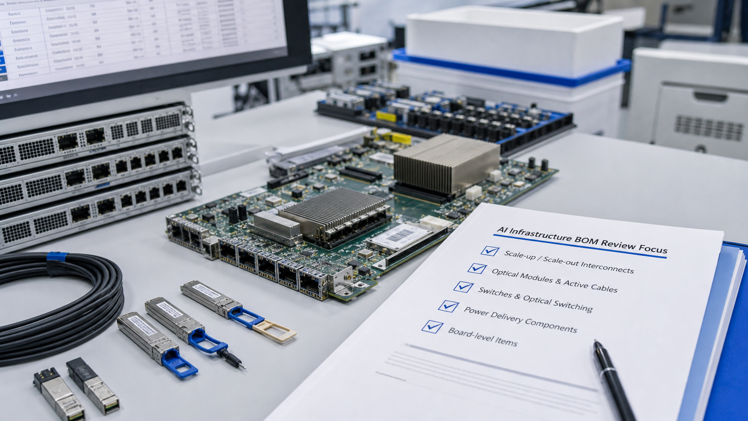 Detailed procurement review of high-speed connectors, switch ICs, cables, and power rails for an AI networking BOM