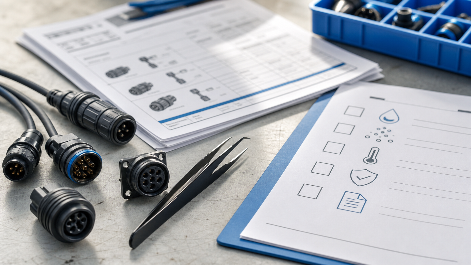 Close-up of rugged connector samples beside a BOM and environmental-rating checklist