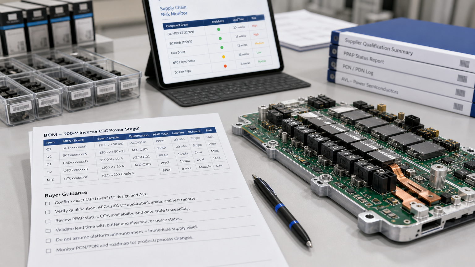 Procurement checklist beside unbranded power semiconductors and EV electronics for SiC sourcing review