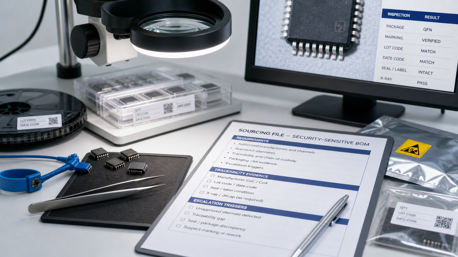 ESD-safe inspection bench with components, magnification, and sourcing documentation for a security-sensitive BOM review