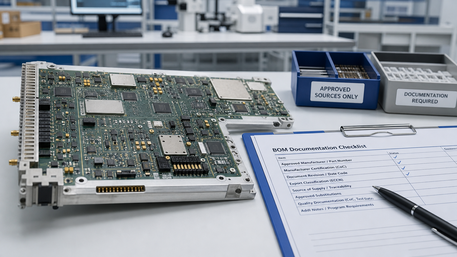Inspection bench detail with board-level components and controlled BOM review documents