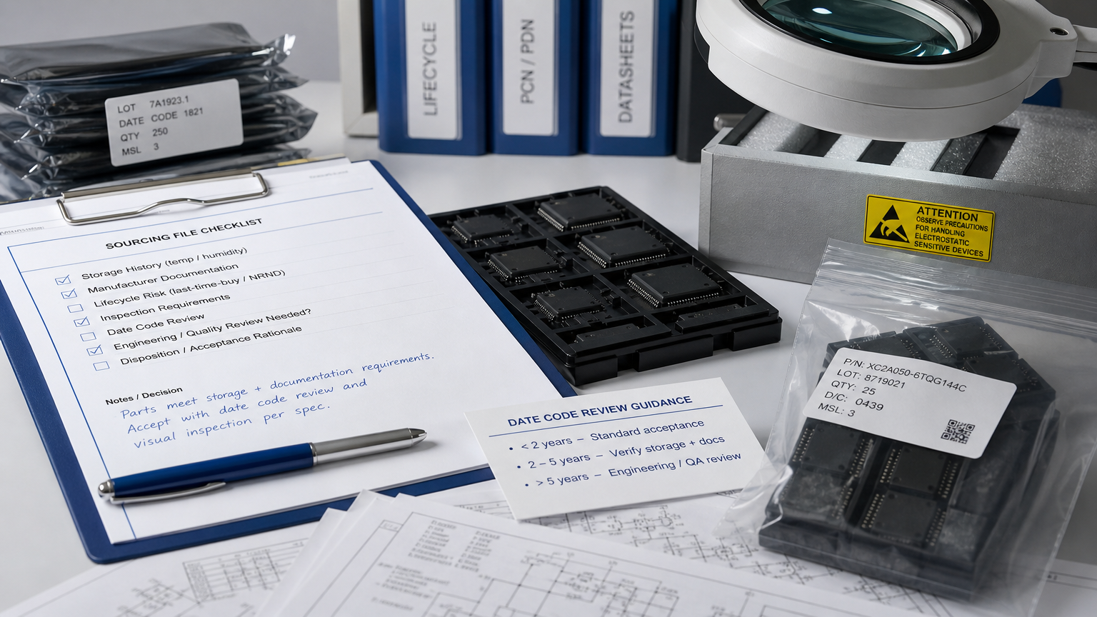 Close-up of semiconductor packages beside an acceptance-policy checklist on an ESD-safe bench