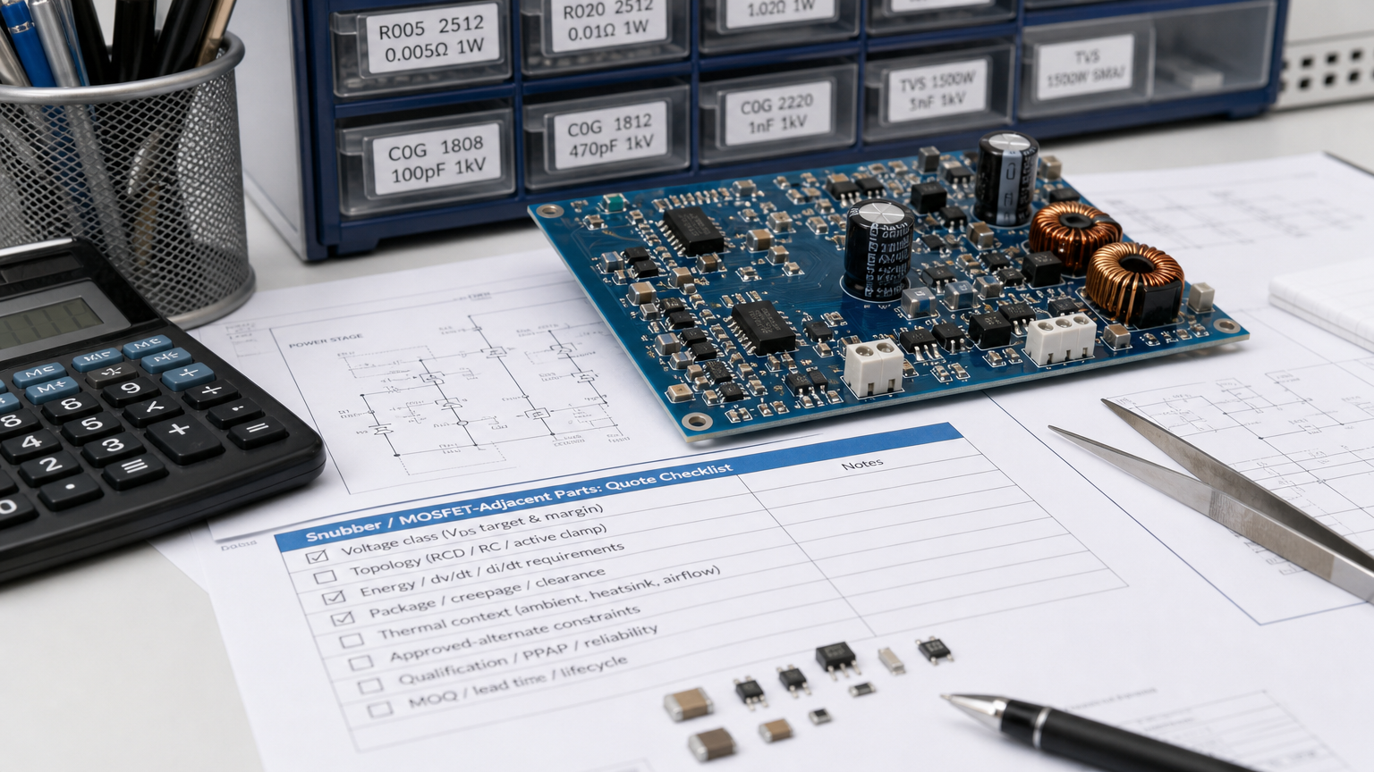 Power-stage quote notes beside MOSFET and snubber components on an ESD-safe bench