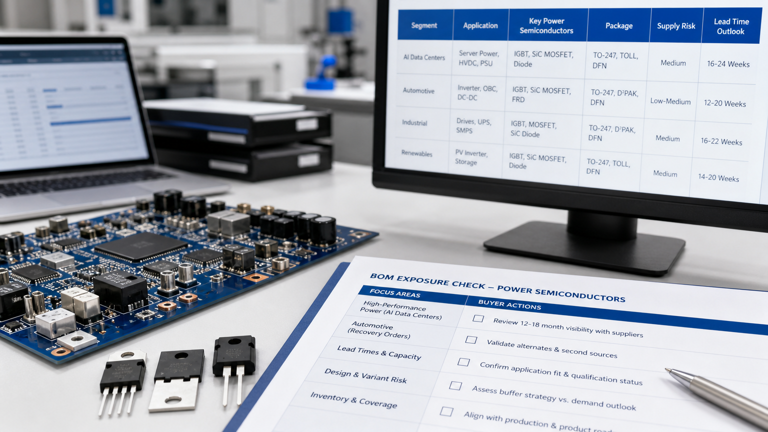 ESD-safe bench with power semiconductors prepared for BOM exposure review