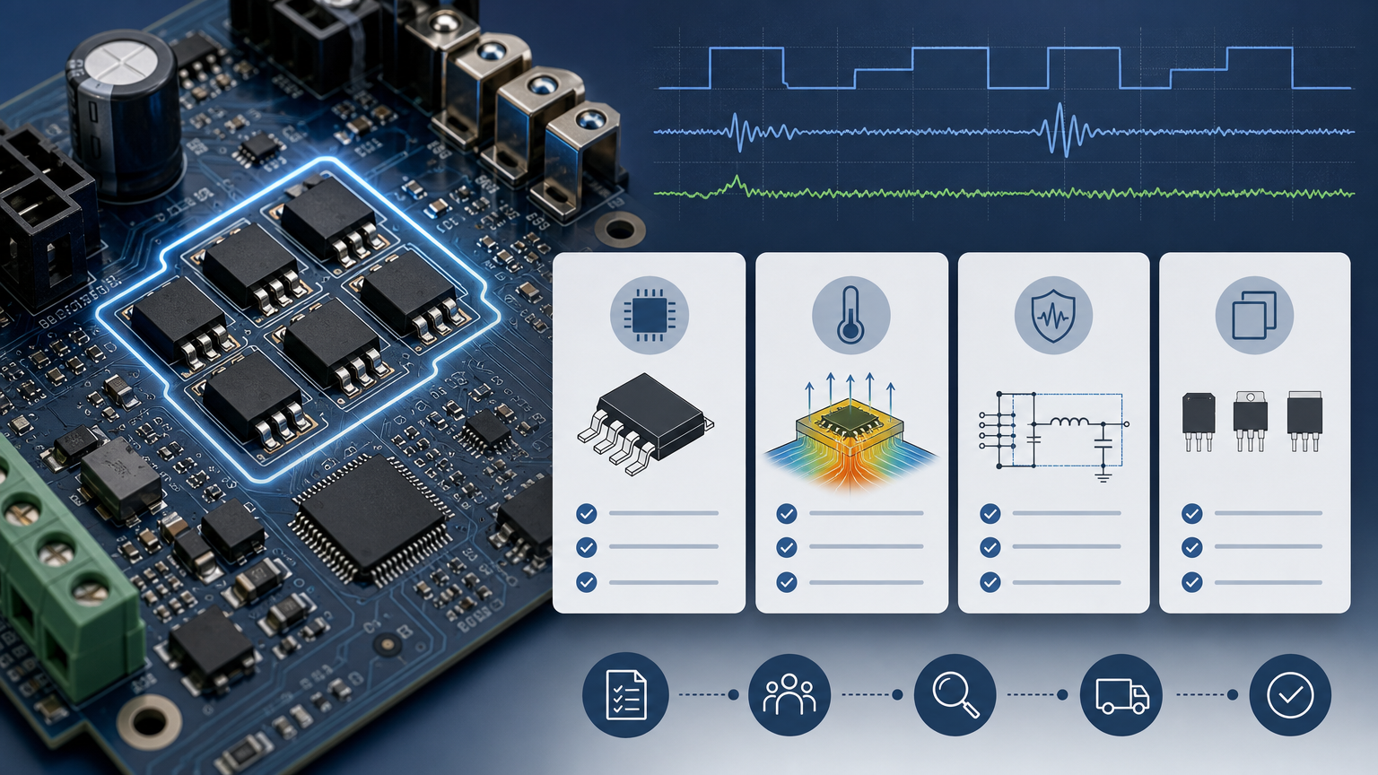 Motor-control PCB with MOSFETs and sourcing checklist items for package, thermal, EMI, and approved alternates
