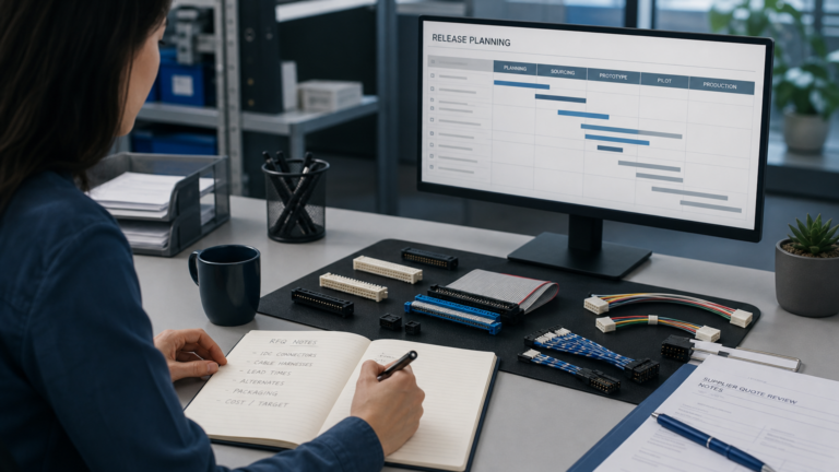 Connector samples and cable harness notes arranged beside a BOM release-planning checklist on a procurement desk.