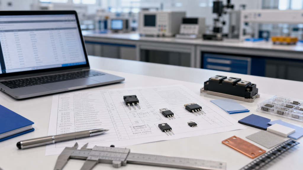 Board-level electronics sourcing review with SiC power devices and BOM qualification notes on a procurement desk