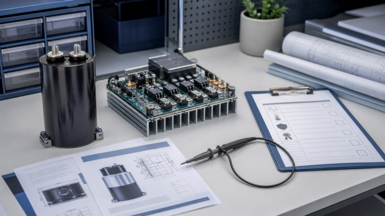 DC-link capacitor and SiC inverter board with electrical-limit RFQ checklist on a sourcing desk.