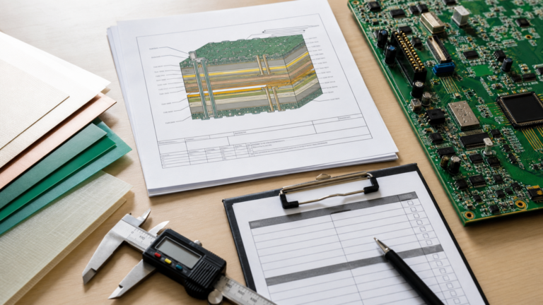 PCB stack-up review desk with laminate sheets and sourcing checklist