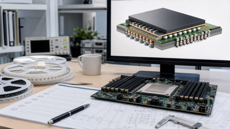 MLCC reels and power-integrity sourcing checklist beside a high-density compute board