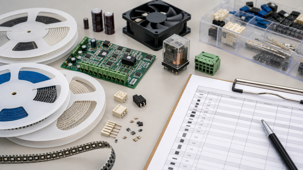 IP&E components and a lifecycle sourcing checklist beside an electronics assembly
