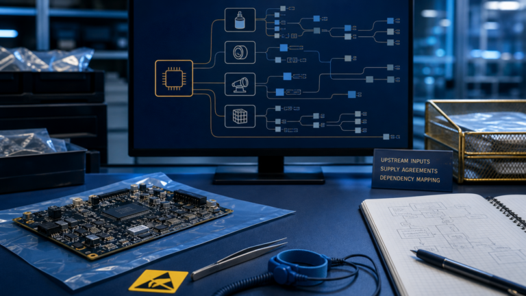 Procurement desk with generic PCB and non-readable dependency map for fab inputs and AI infrastructure sourcing review