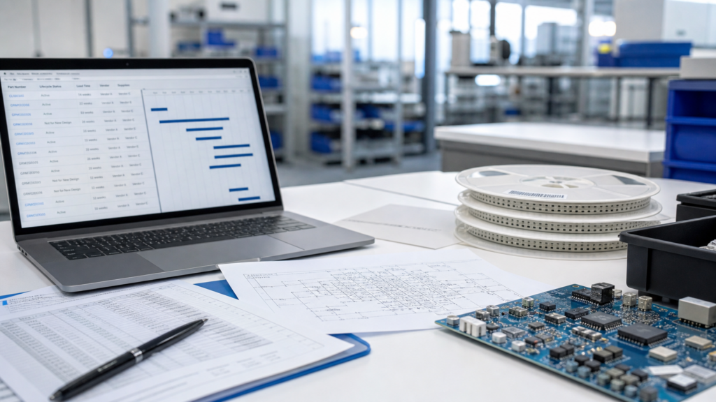 MLCC reels and capacitor samples beside a procurement quote-timing checklist for passive component sourcing.