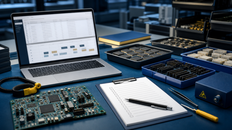 ESD-safe procurement desk with generic ICs, connectors, and a non-readable BOM checklist for scheduled-order review