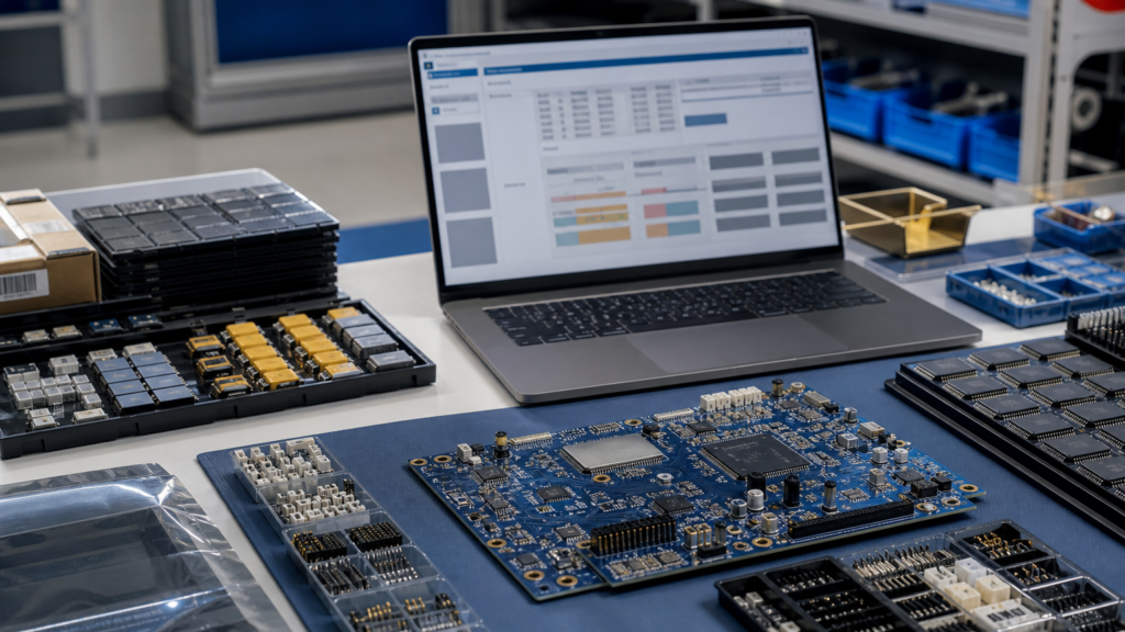 ESD-safe bench with memory IC trays and board-level components prepared for BOM cost-driver review
