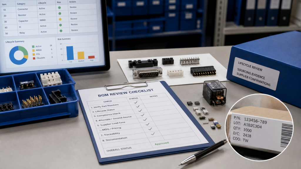 Organized electronics sourcing desk with BOM checklist, connectors, passives, relay, and traceability review notes