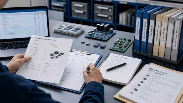 GaN power device sourcing file with BOM checklist, compliance notes, and supplier option review