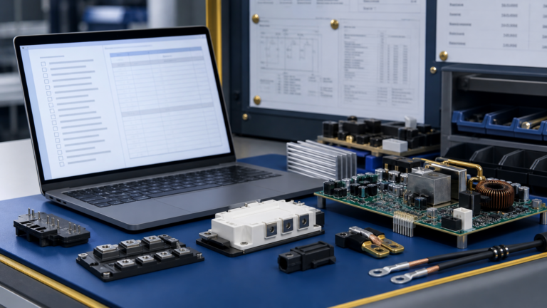 ESD-safe workbench with power semiconductor modules and service-life BOM documentation checklist