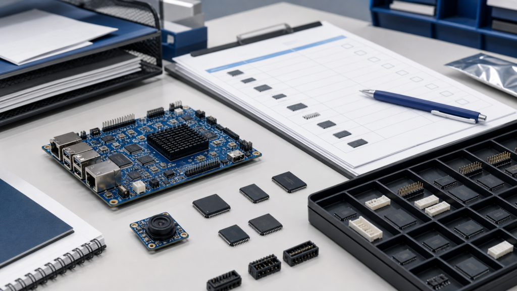 Embedded vision development board with MCU tray, camera module, memory ICs, connectors, and BOM checklist.