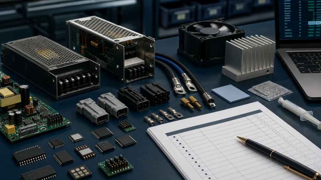 Power supply modules, connectors, fan, heatsink, and BOM checklist on a procurement review bench