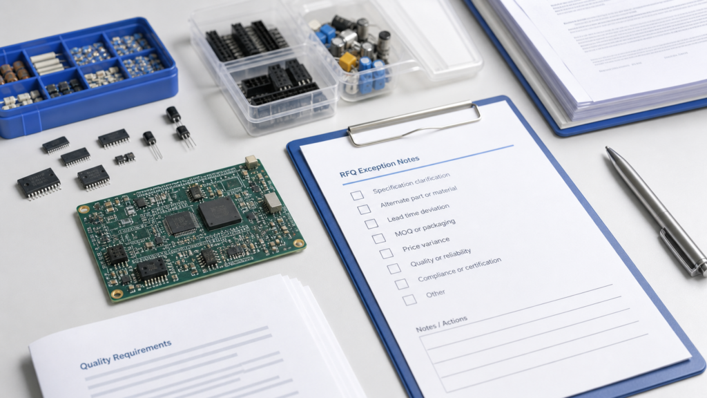 Electronic components RFQ checklist with PCB, sourcing notes, and quality documentation