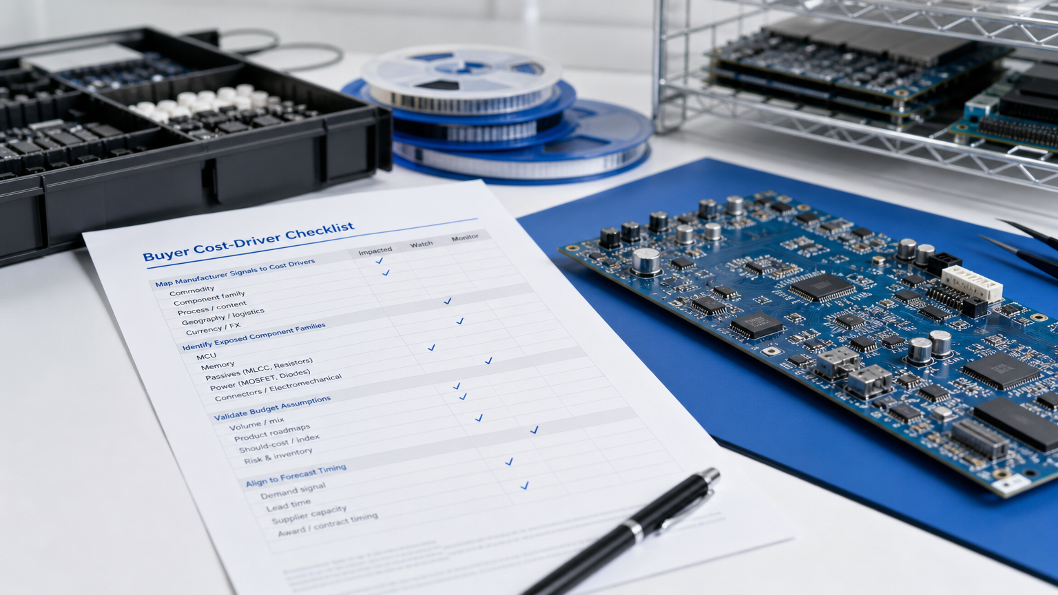 Close-up of memory components, power parts, connectors, and BOM review notes for cost-driver sourcing checks